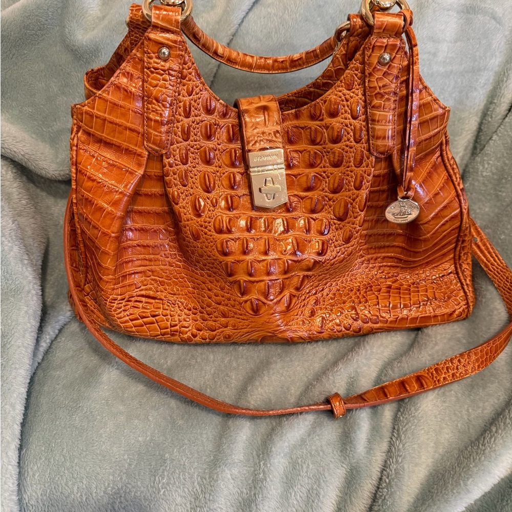 Brahmin Cognac Croc-Embossed Leather Shoulder Bag
